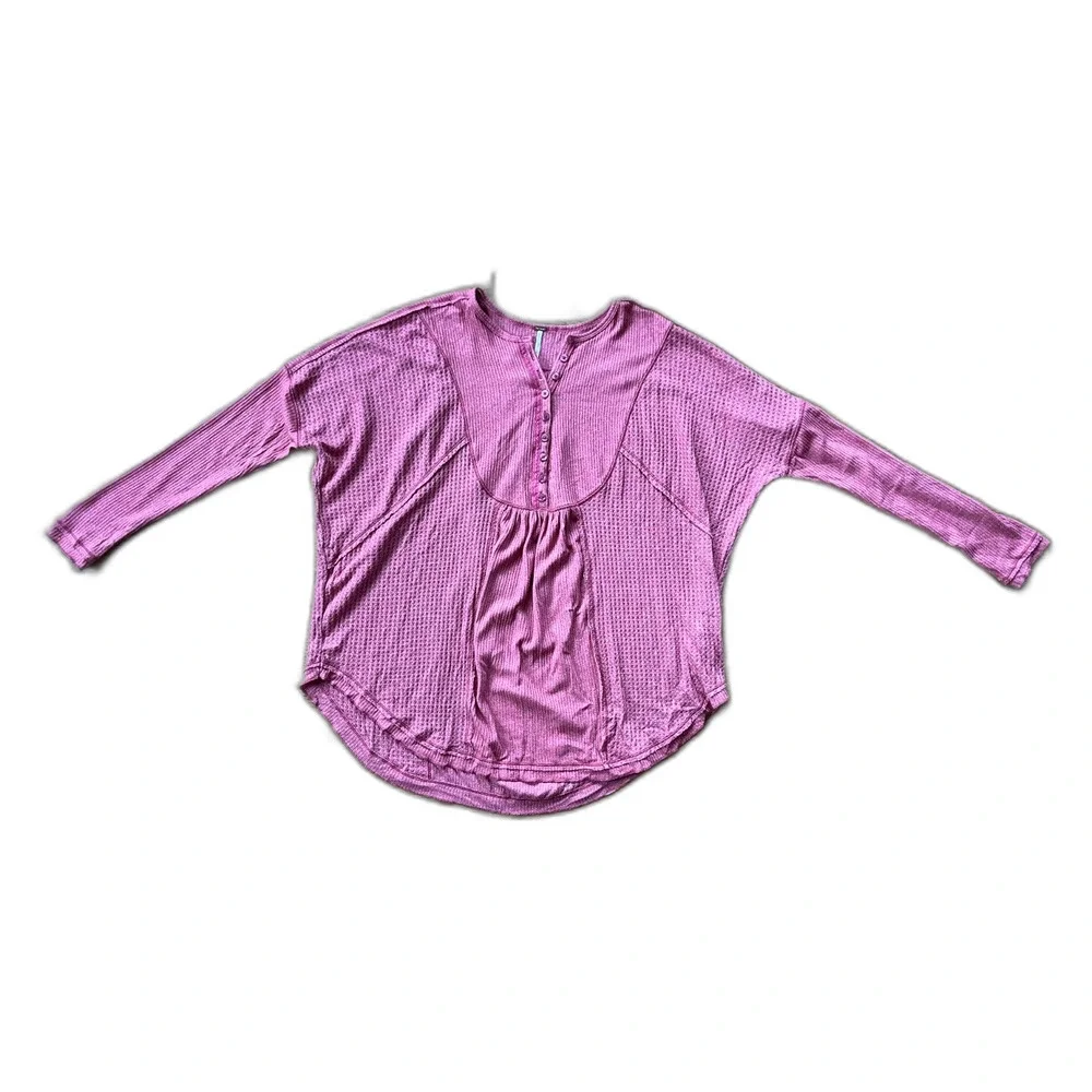 Free People Pink Henley Waffle Long Sleeve Shirt Top   Women's Size Small